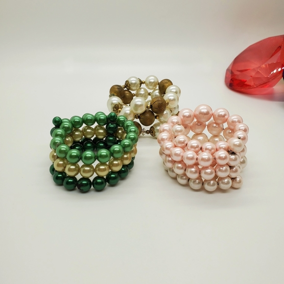 Lot of 3 Vintage faux pearl memory wire bracelets white gold cream wristie retro - Picture 6 of 7